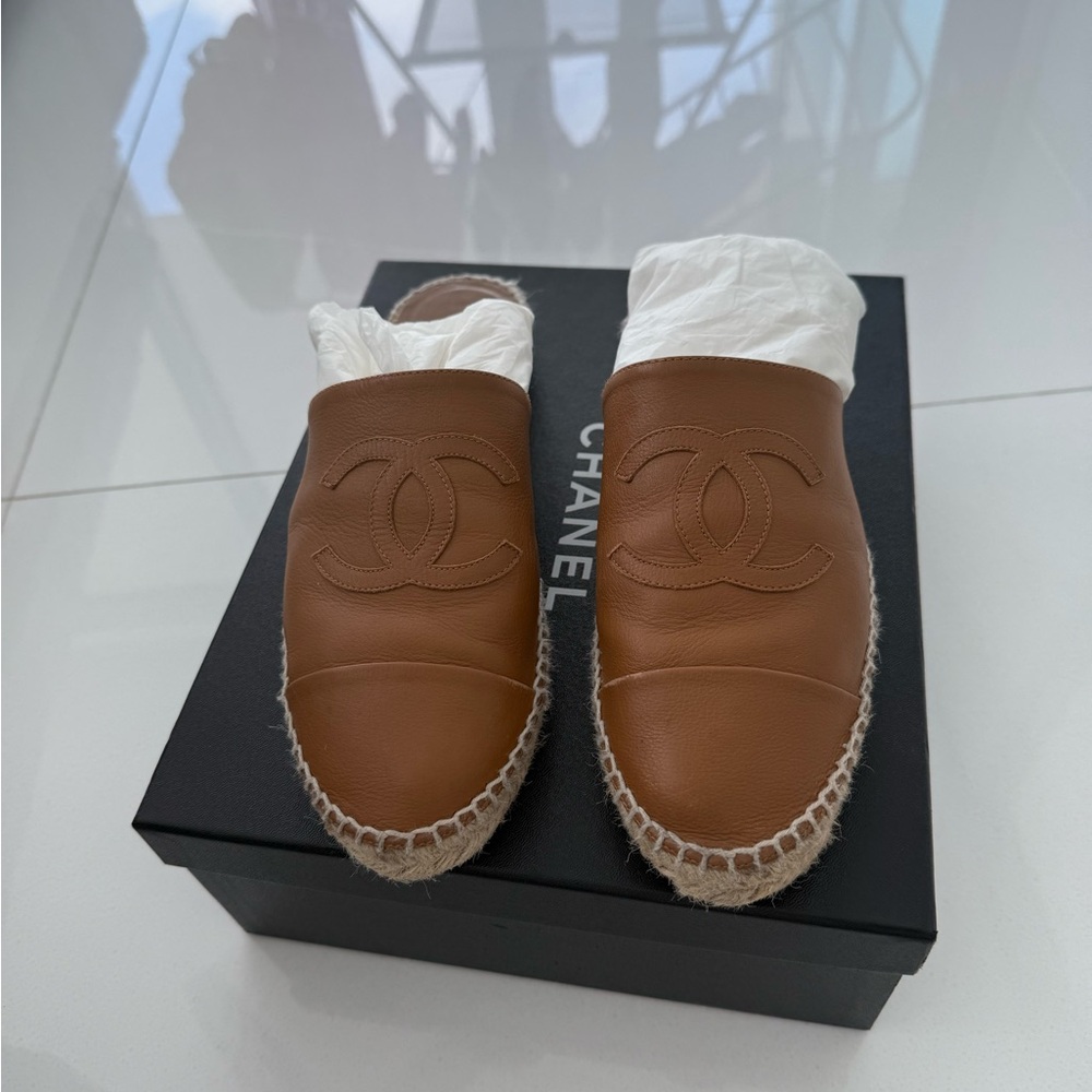 CHANEL Tan Leather Espadrilles